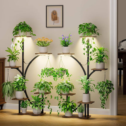 Pair of Indoor Plant Stand W/Glow Light 6 Tiers and Hanging Shelf Hook